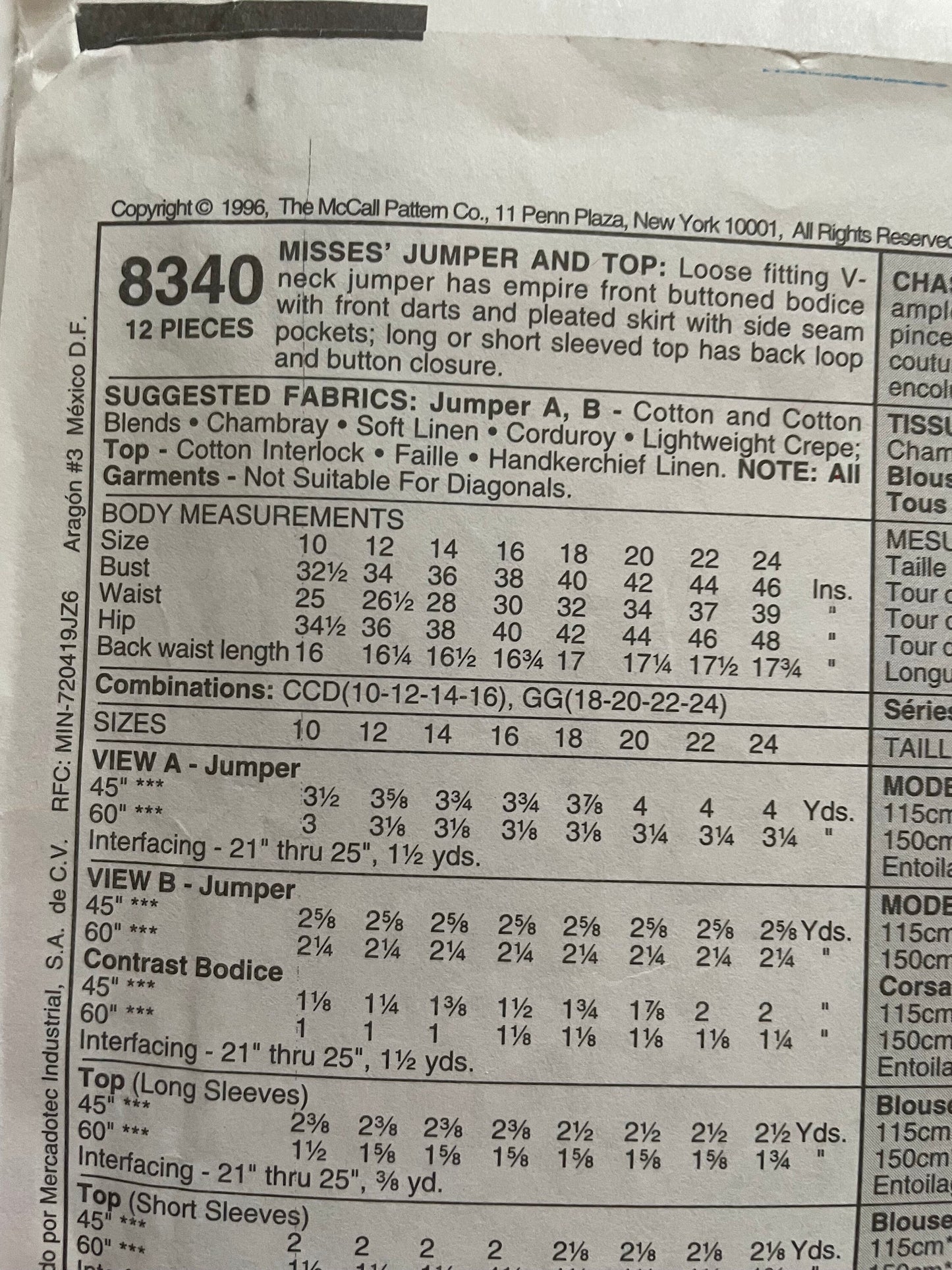 UNCUT Sewing Pattern from 1996 - McCalls 8340 Easy Stitch & Sew Jumper / Top - Size CCD 10-12-14-16, Vintage sewing pattern