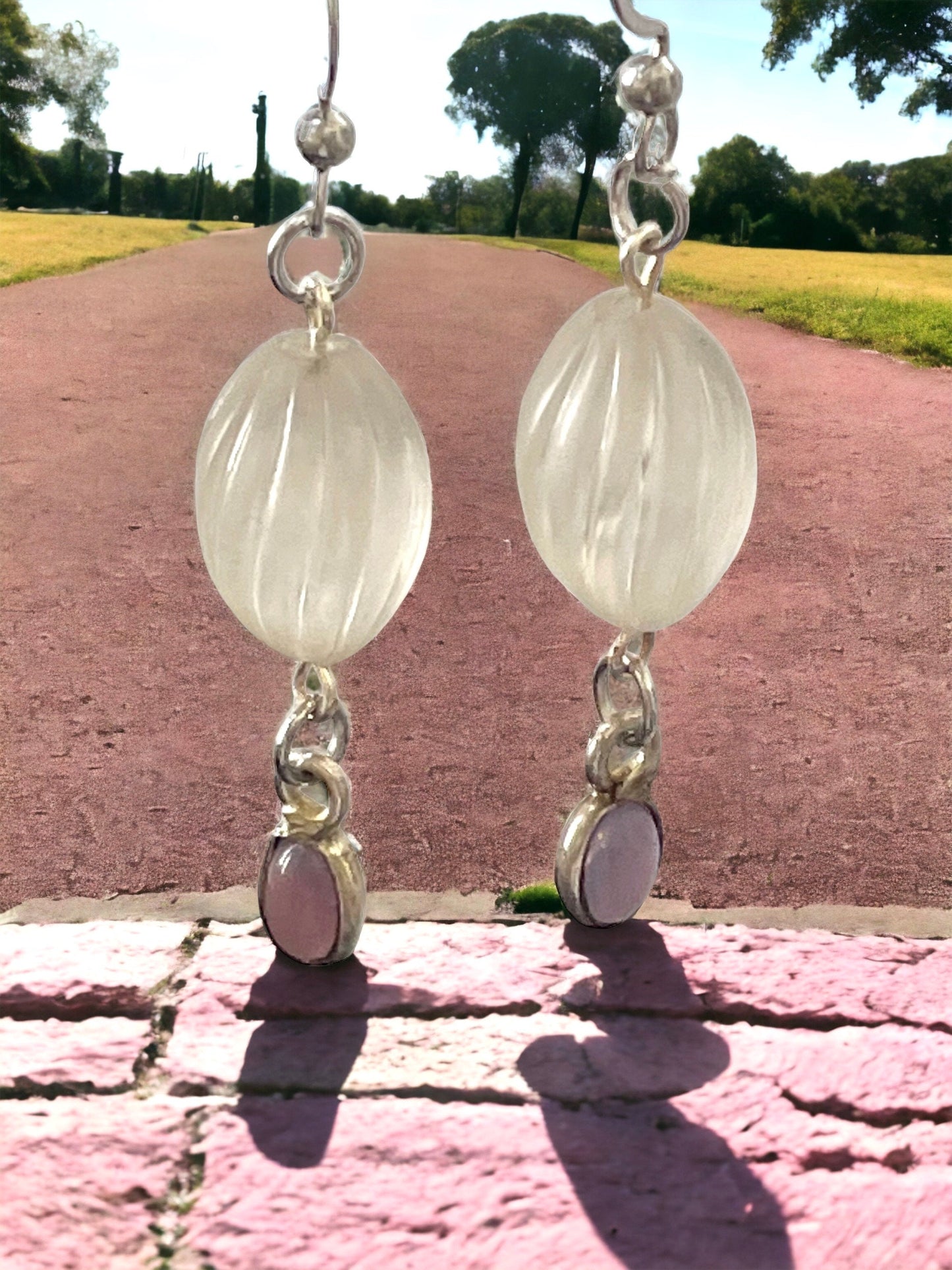 Long dangle earrings made of both new and vintage components - swirled frosted white with lavender dangles