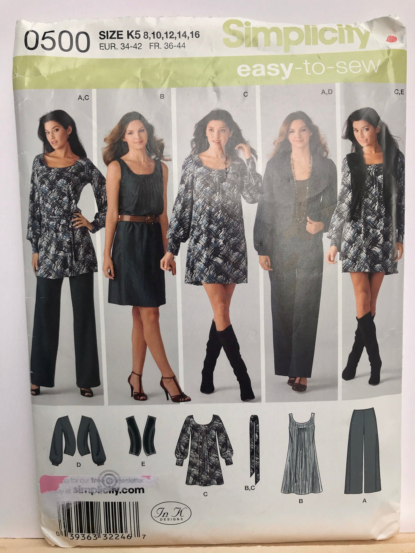 UNCUT Sewing Pattern - Simplicity 0500,  Pants, Dress, or Mini Dress with Belt and Jacket or Vest, Sizes 8 - 16