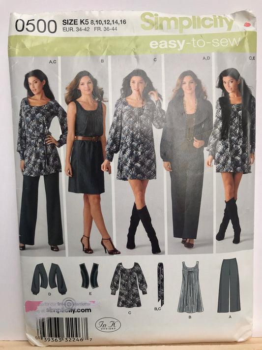 UNCUT Sewing Pattern - Simplicity 0500,  Pants, Dress, or Mini Dress with Belt and Jacket or Vest, Sizes 8 - 16