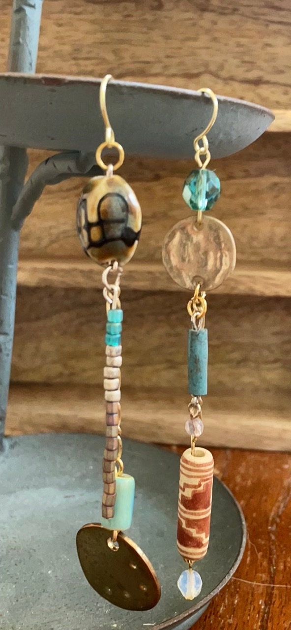 One-of-a-kind handmade mismatched mixed material long dangle earrings - vintage and new material - metal, shell, glass, clay