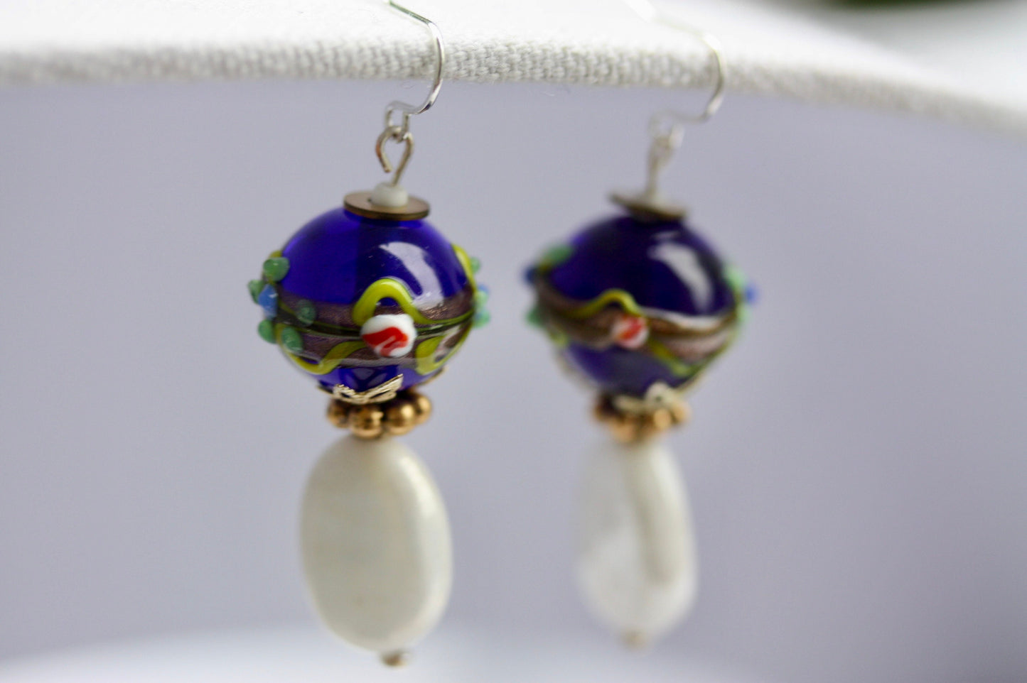 Cobalt blue Birthday cake vintage art glass earrings with white oval vintage glass