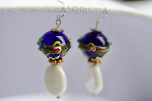 Cobalt blue Birthday cake vintage art glass earrings with white oval vintage glass