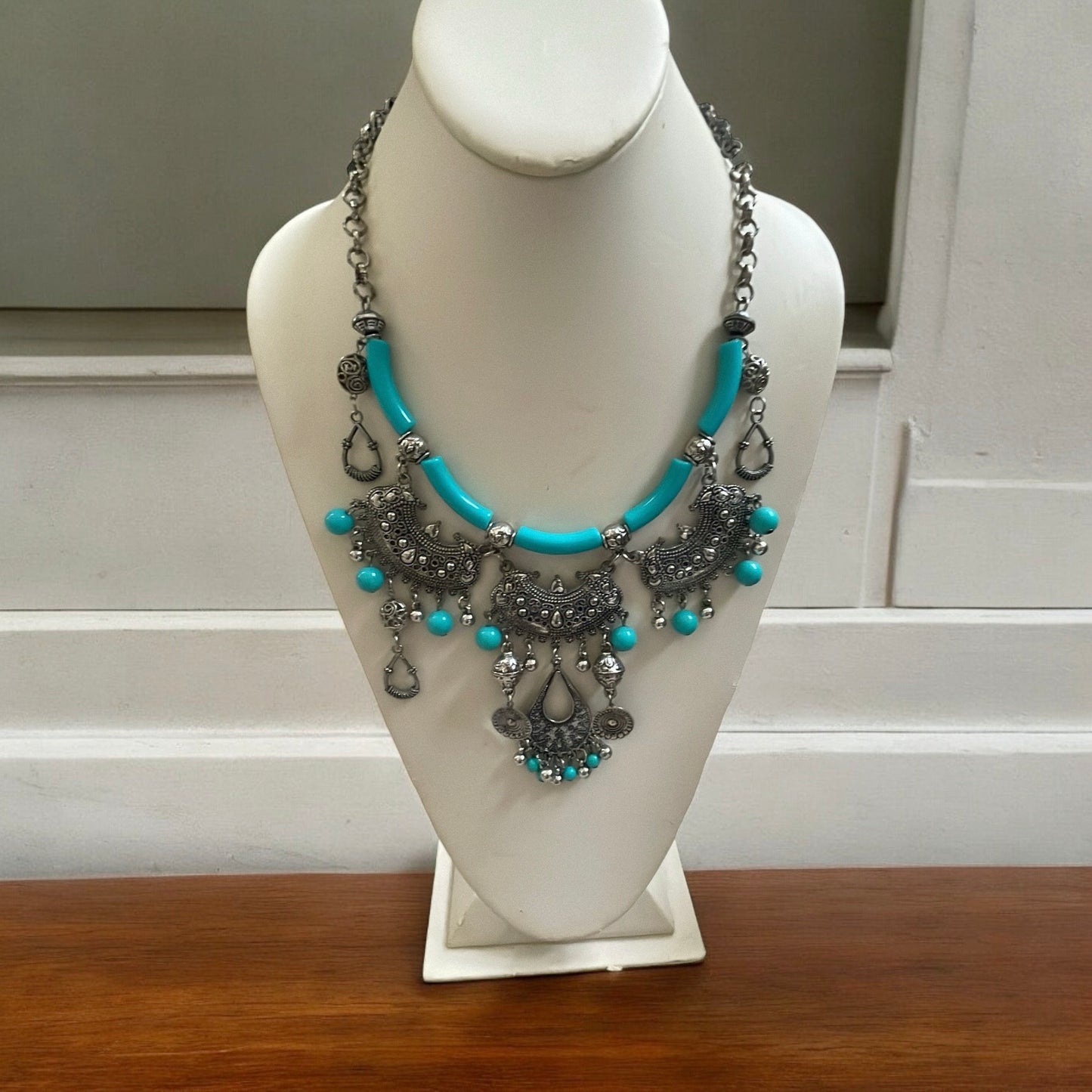 Exotic Indian style necklace with turquoise beaded balls/tubes and ornate silver trim