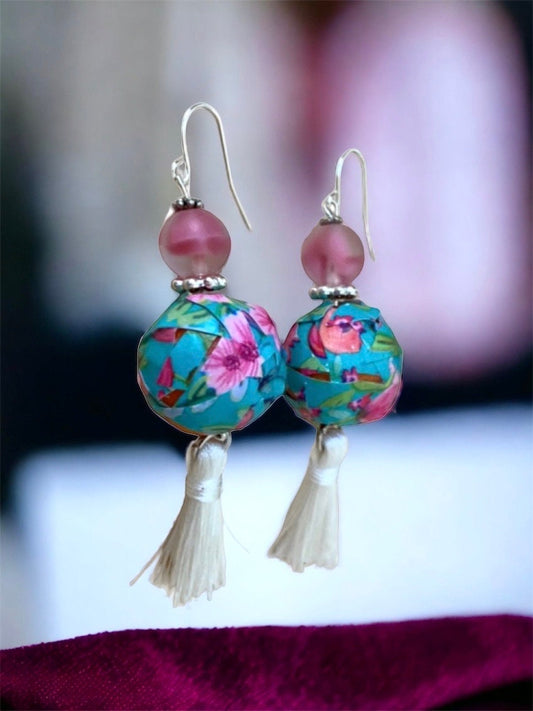 Pink glass beads, floral paper mâché beads and white tassel unique dangle earrings