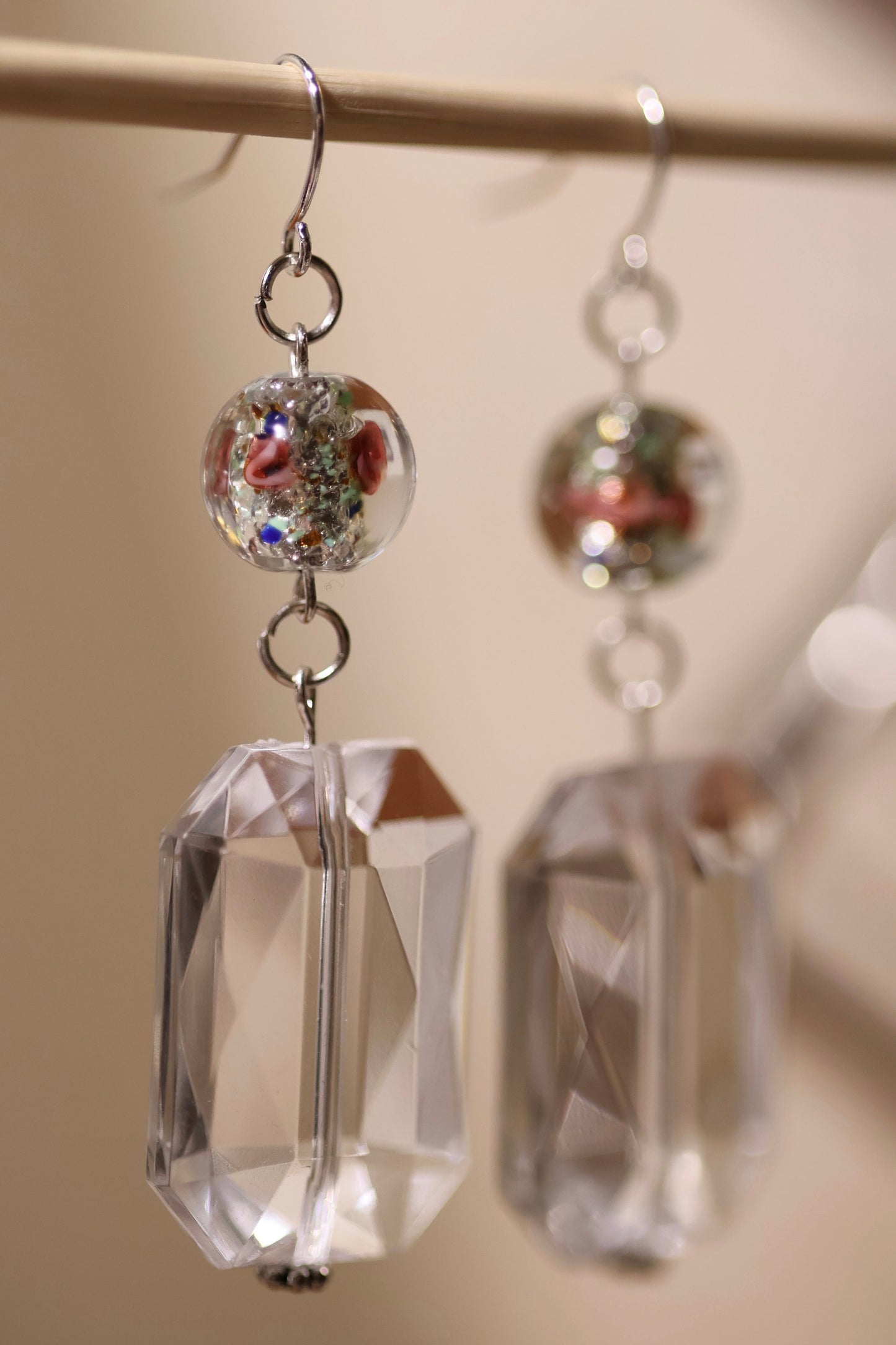 Clear bevel cut acrylic 2" rectangular shaped dangle earrings with Czech foiled lampwork glass floating rose beads