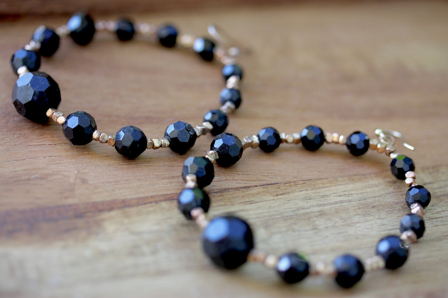 Stunning vintage black and gold beaded hoop  earrings
