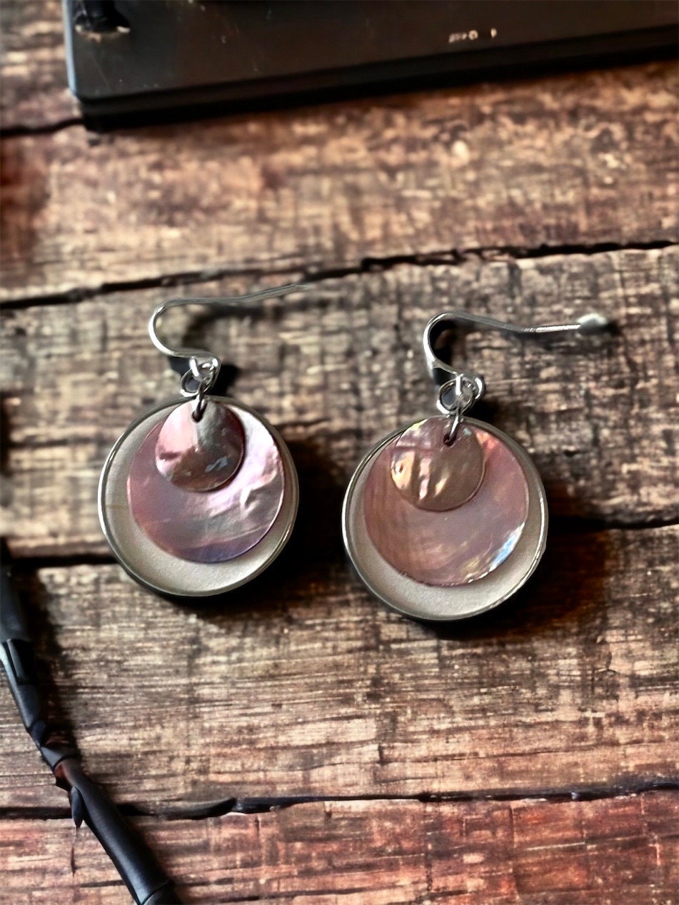 Handmade dangle earrings - color block shades of pink mother-of-pearl with silver hoops - sterling silver ear wires
