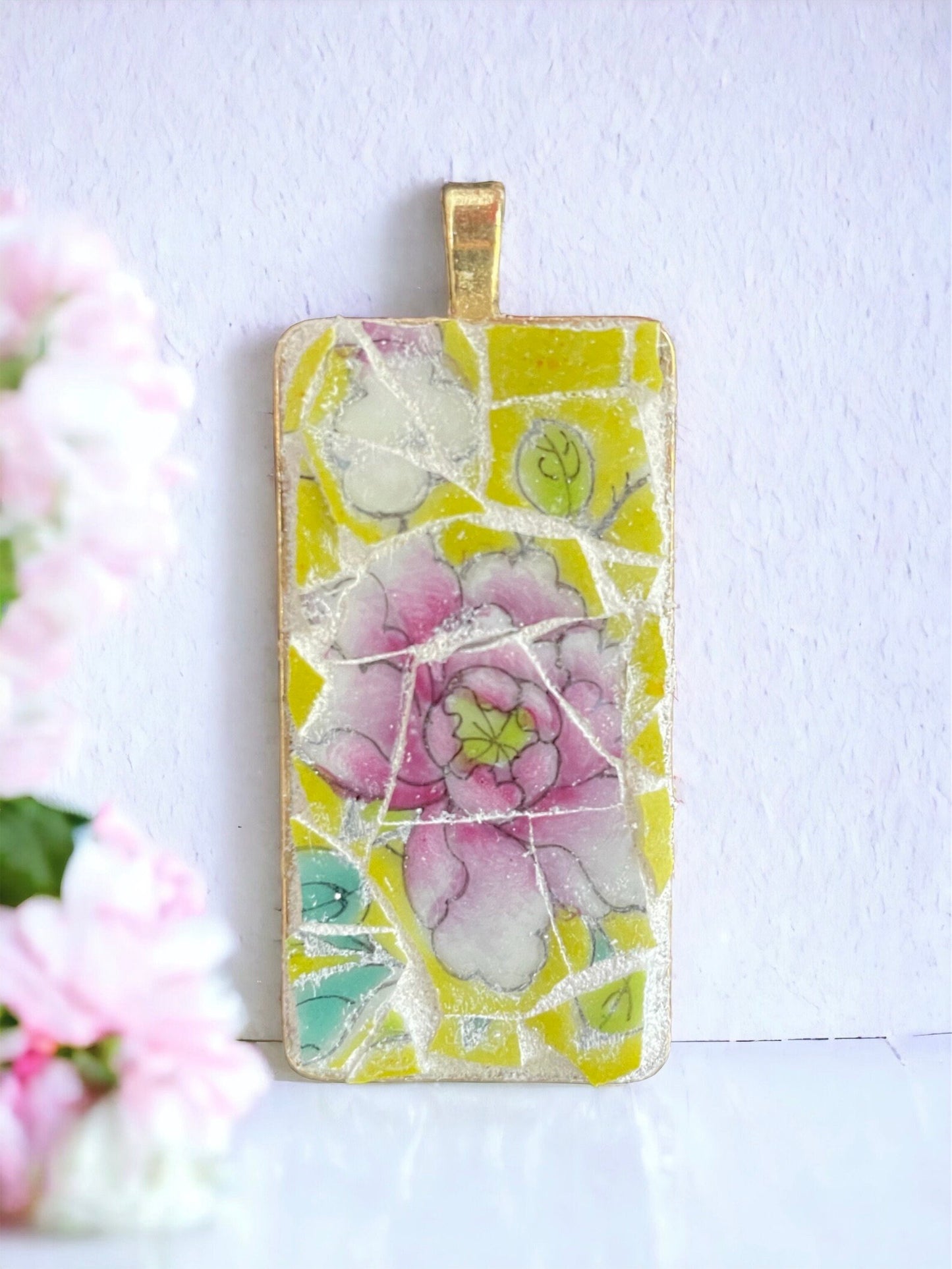 Handmade mosaic floral necklace - made of an upcycled broken vintage plate