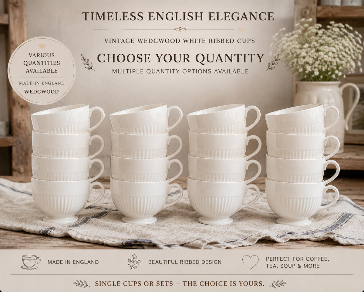Vintage Wedgwood England White Ribbed Coffee Cups, English Cottage Kitchen Cups, Minimalist Ironstone Style Mug Sets