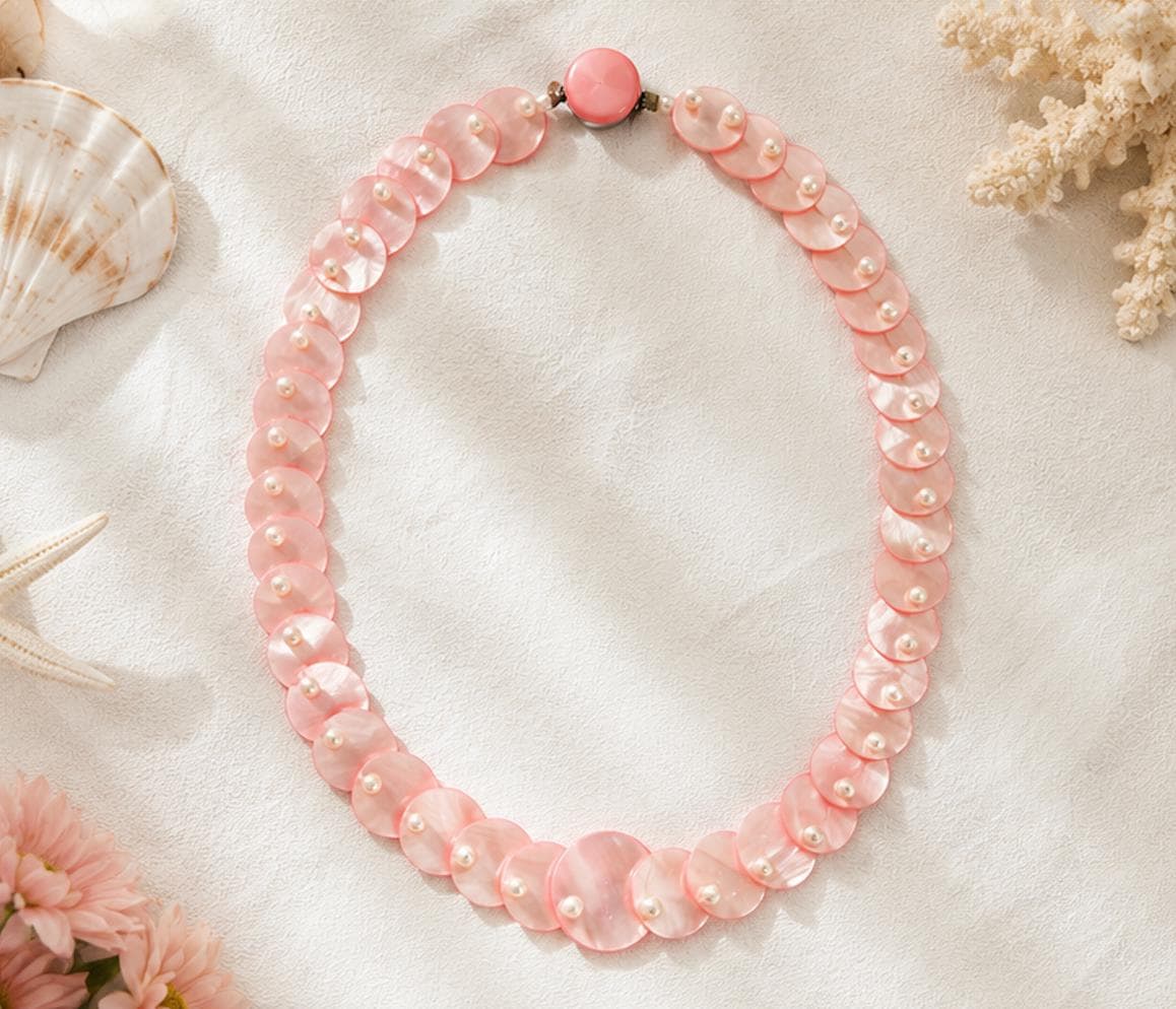 Vintage Pink Mother of Pearl Disc Necklace 20" | Shell Coin Statement Necklace with Faux Pearls | Coastal Cottage Jewelry