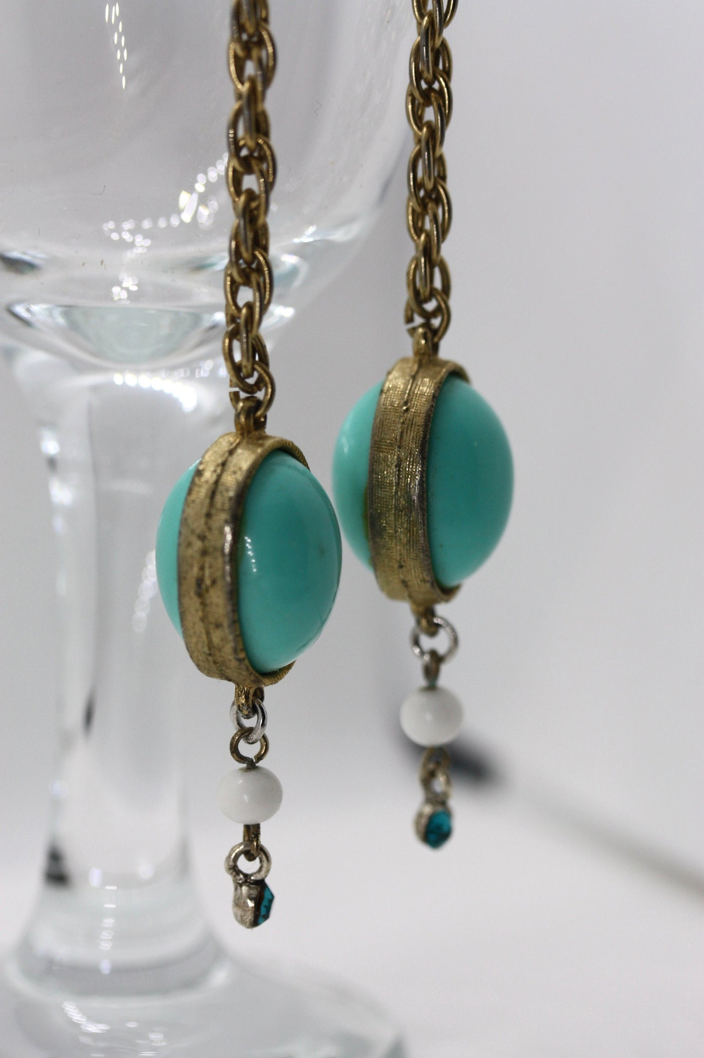 Handmade mixed material dangle earrings made of vintage and new materials - turquoise dangles with white glass and blue rhinestones