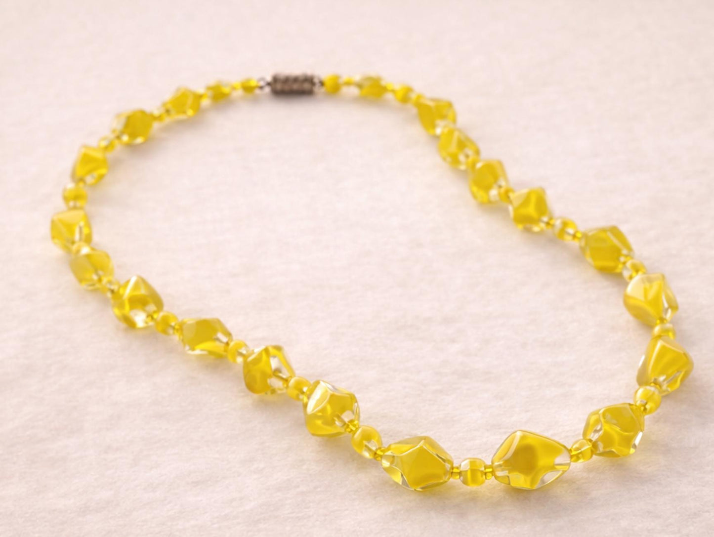 Vintage 1950s Czech Cased Glass Necklace – Bold Yellow & Clear Mid Century Art Glass Statement Beads