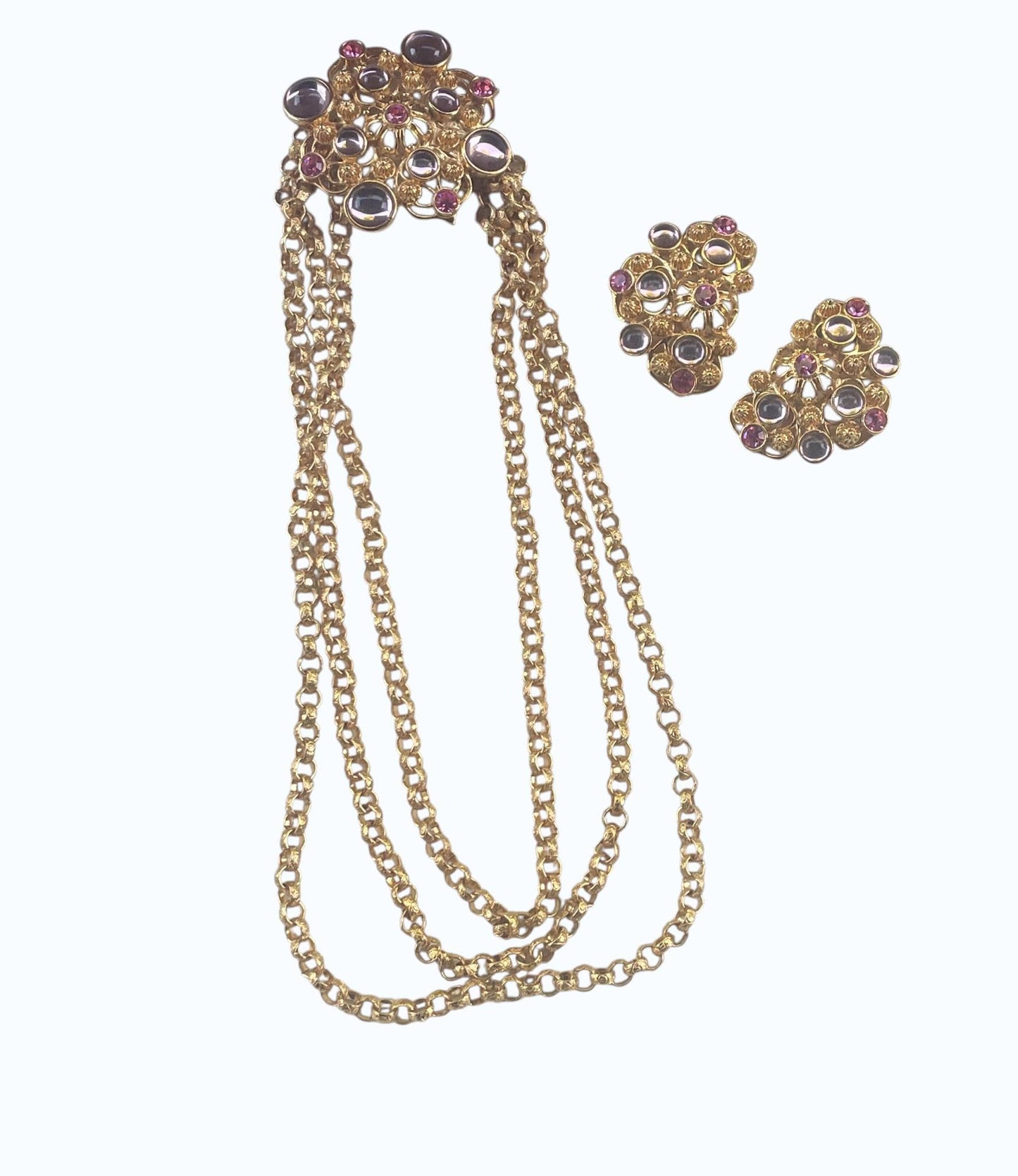 1992 Signed Barrera for Avon Marbella Necklace & Clip-On Earrings Set | Gold Tone Pink and Lavender Cabochon Designer Jewelry