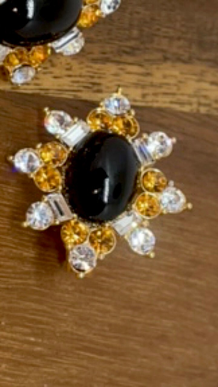 Vintage Runway Couture Black Enamel & Crystal 1980's rare signed Monet clip earrings