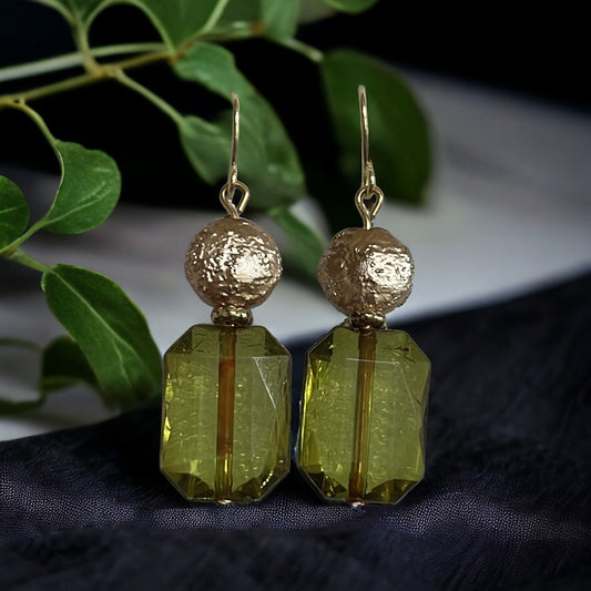 Clear green bevel and goldtone beaded dangle earrings