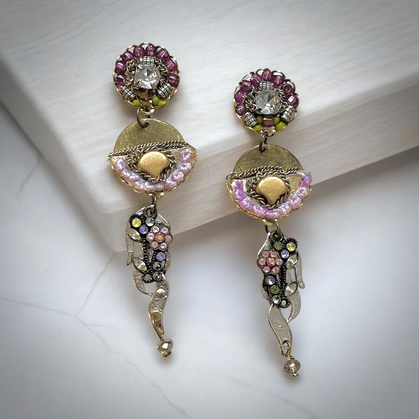 Handmade shades of lavender & purple mixed media earrings made with glass beads, crystals, chain, metal and other upcycled mixed materials