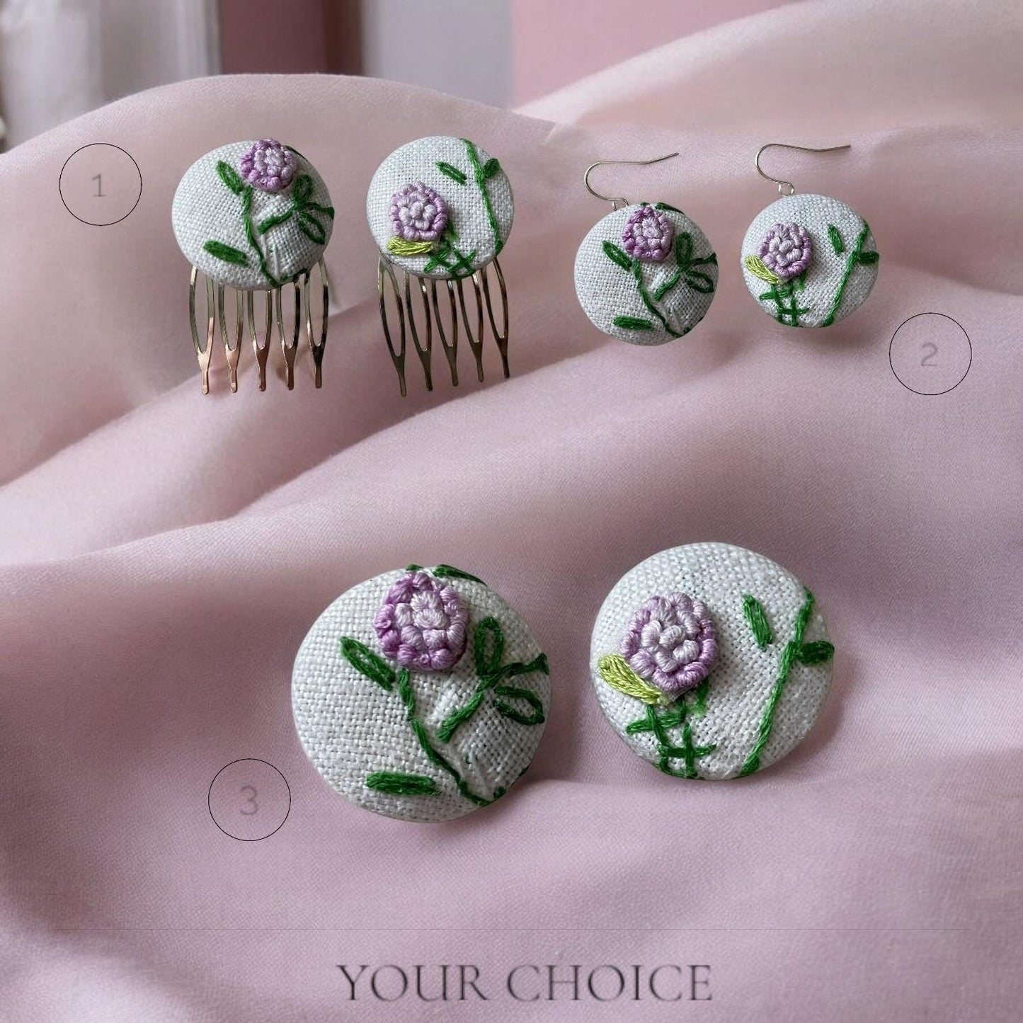Choice of stud earrings, dangle earrings, hair combs, shanked buttons or pins all hand made from a vintage linen embroidered table runner