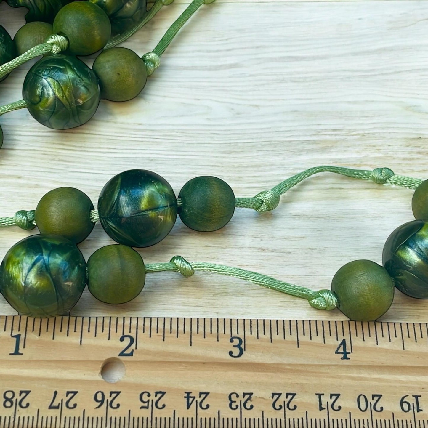 Vintage 33" Green Beaded Necklace – Wood & Plastic Beads – Retro Statement Jewelry – Earthy Boho Chunky Necklace