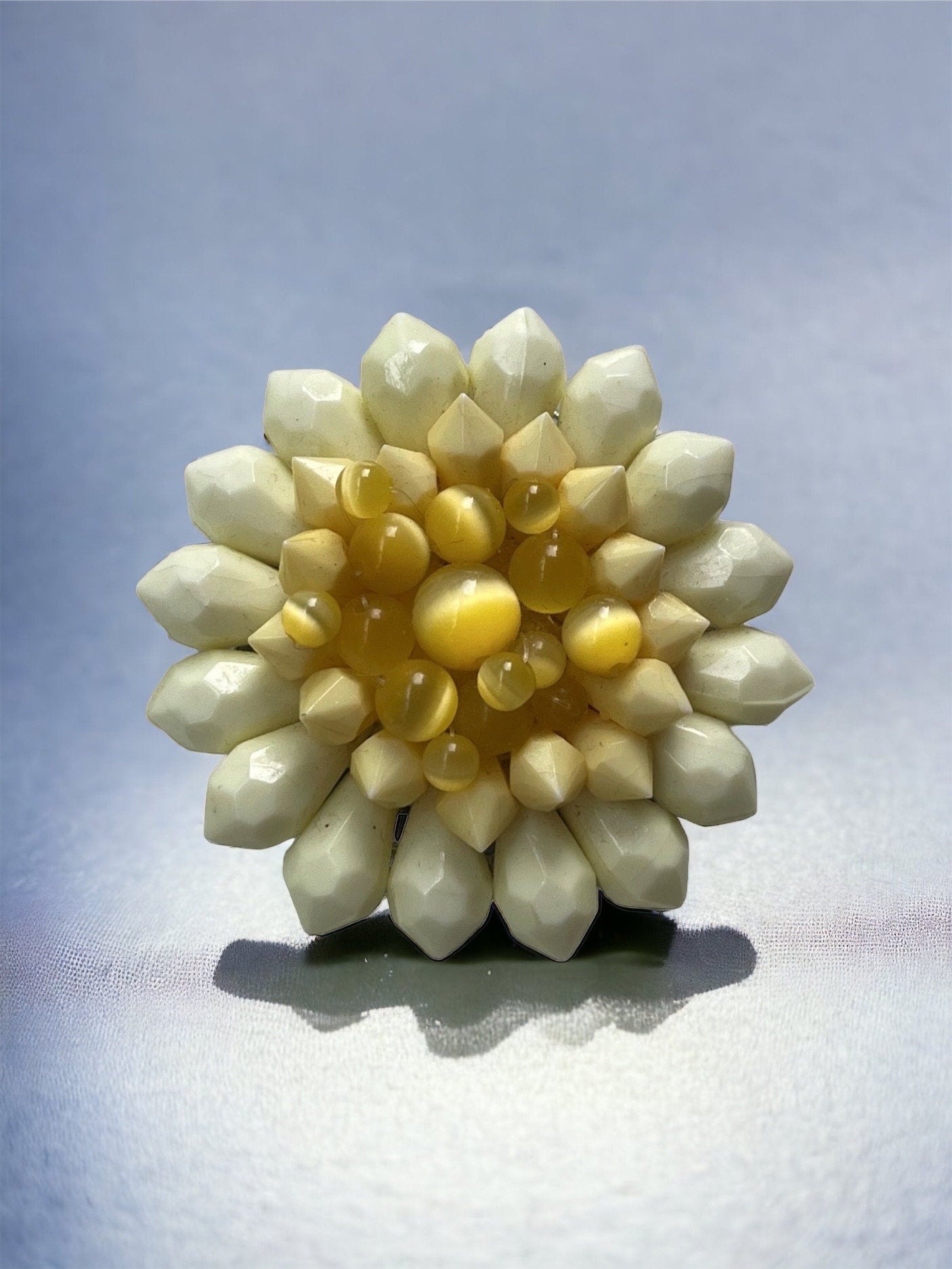 Unique large 2" yellow beaded vintage necklace pendant