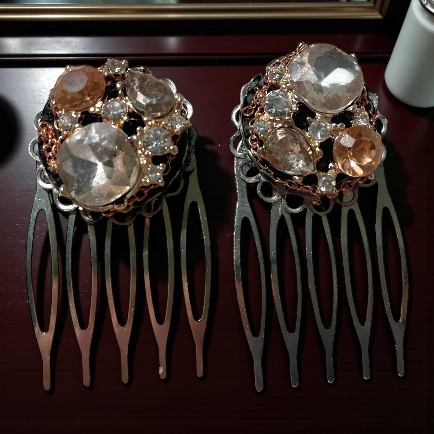 Handmade Jeweled Hair Combs – Vintage-Inspired Champagne and clear rhinestone Hair Accessories, Bridal or Evening Hairpiece (Set of 2)