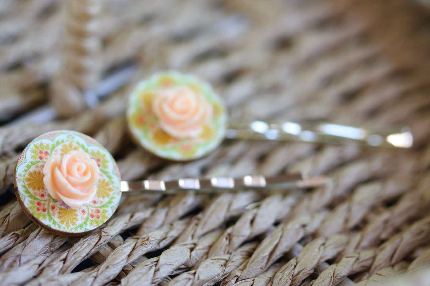 Mixed material handmade hair pin - floral finished wood