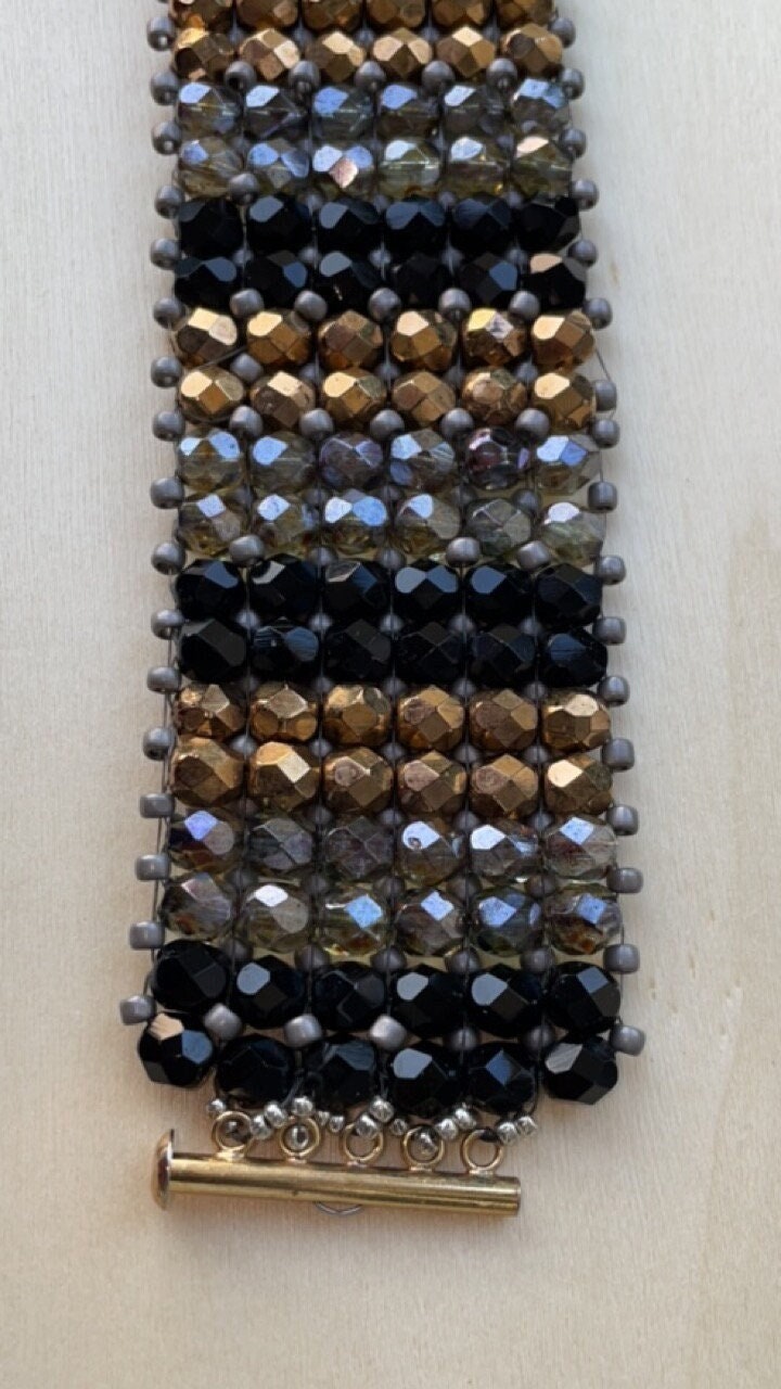 Black, silver and copper crystals absolutely stunning bead woven vintage bracelet - beadwork bracelet