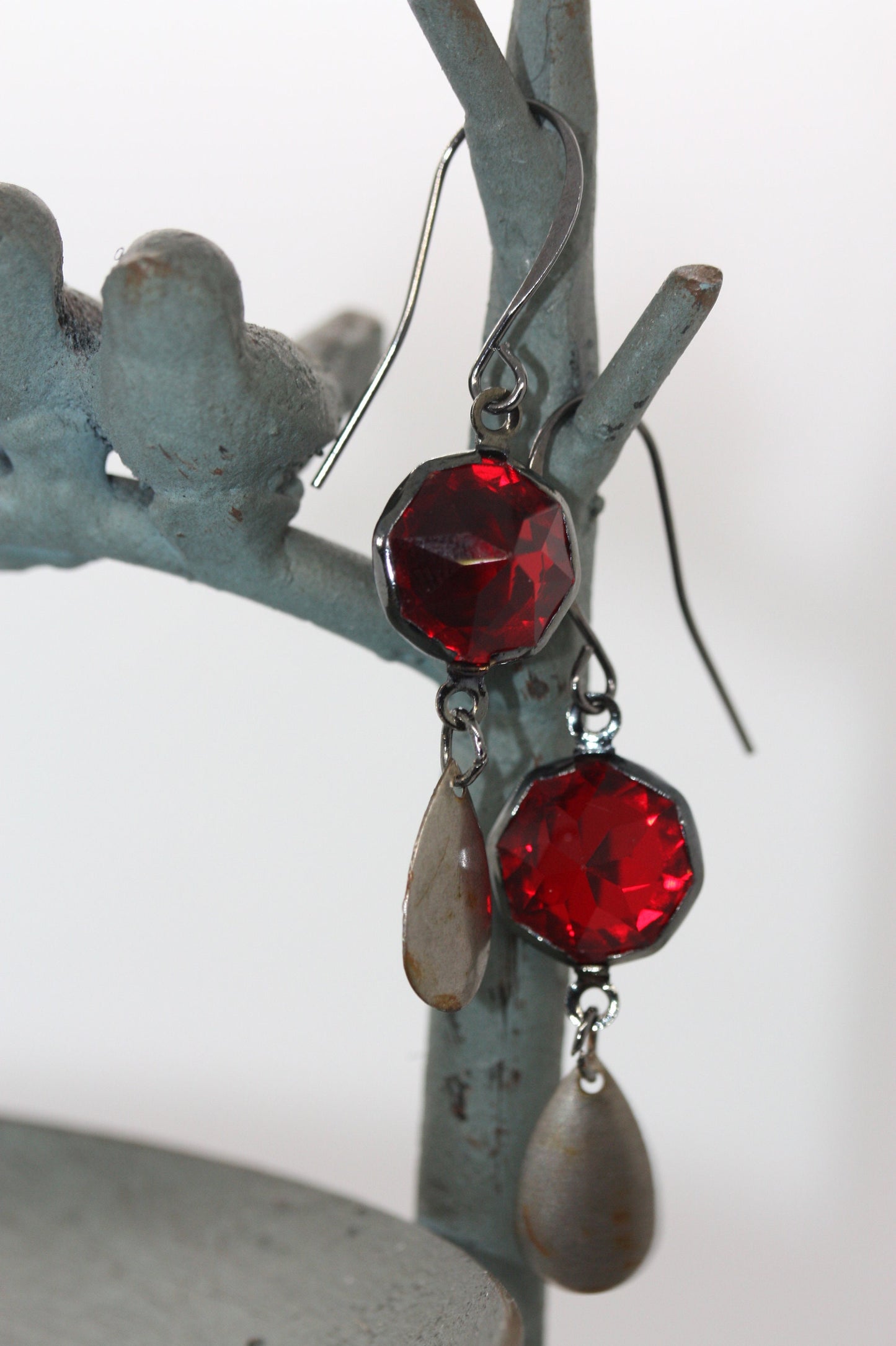 Faceted red glass earrings made of both new and vintage components