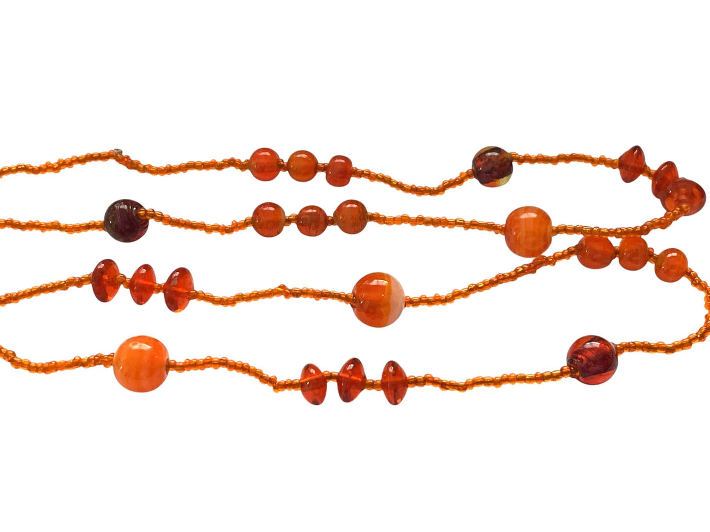 Vintage Orange Glass Bead Necklace – Long 3 Strand Beaded Statement Necklace – Amber Tone Layered Retro Jewelry