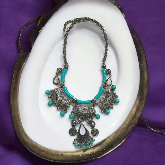 Exotic Indian style necklace with turquoise beaded balls/tubes and ornate silver trim