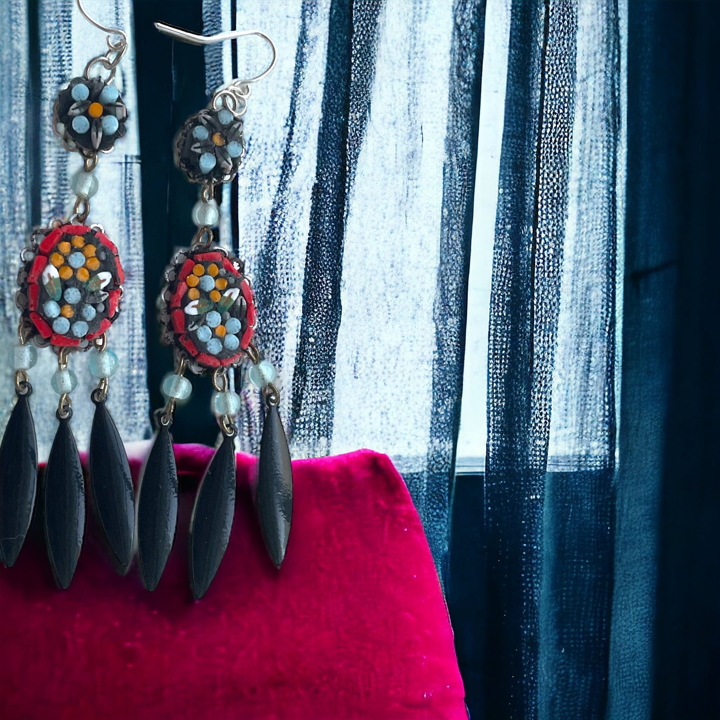 My own handmade Italian style hand cut micro mosaic millefiori glass dangle earrings