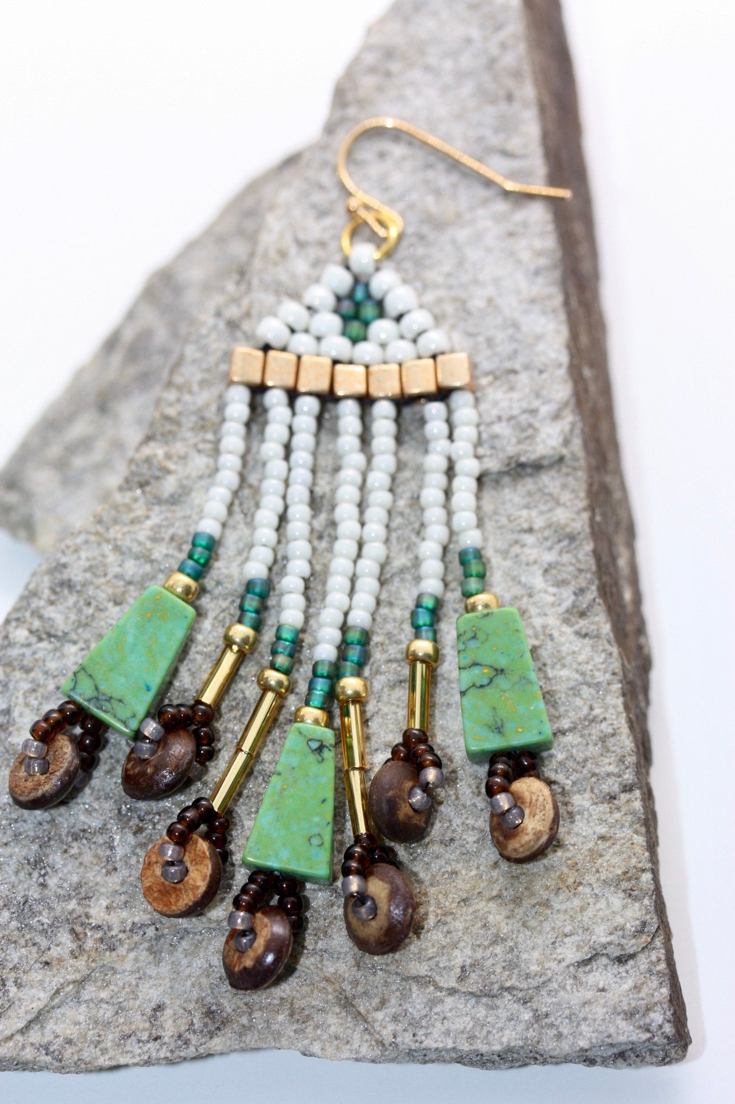 Unique Hand beaded Native-American-Style stunning dangle beadwork earrings - with mixed materials