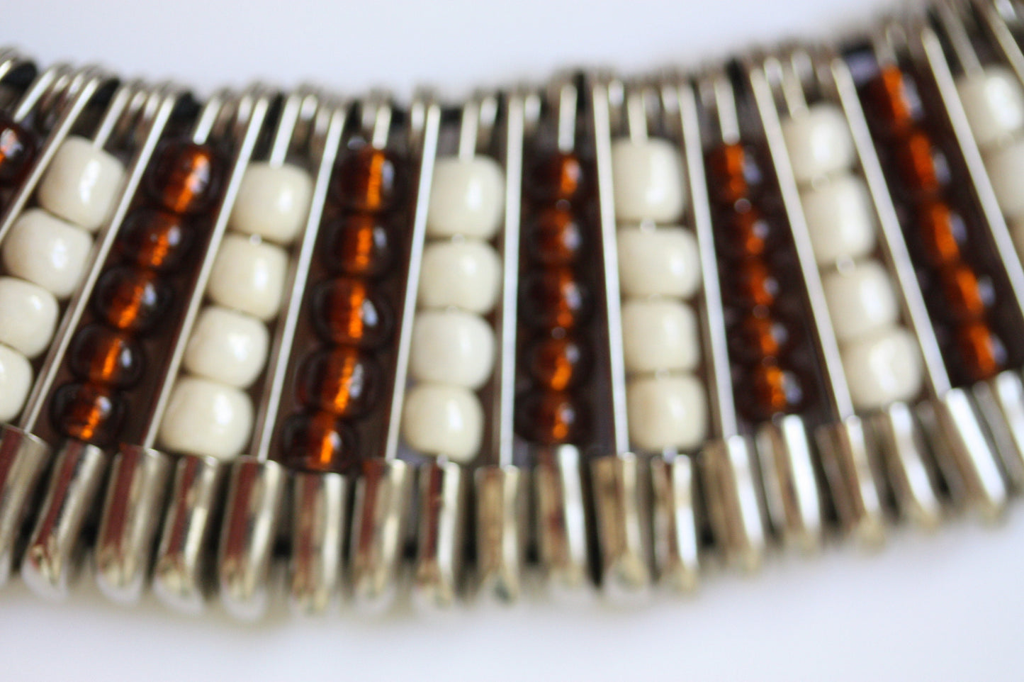 Stunning and unique vintage necklace - made of brown and cream glass seed beads and safety pins - statement jewelry - statement necklace