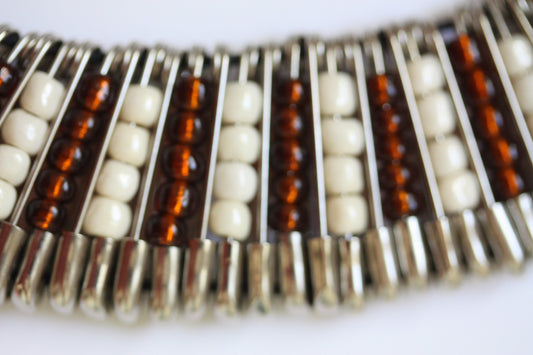 Stunning and unique vintage necklace - made of brown and cream glass seed beads and safety pins - statement jewelry - statement necklace