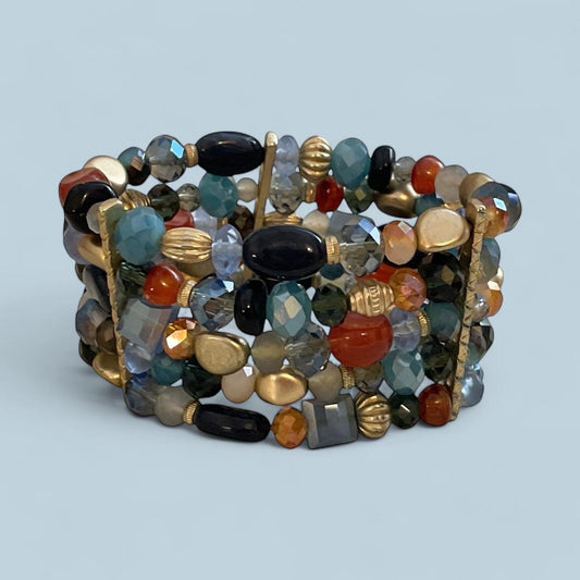 Vintage 5-Strand Memory Wire Beaded Bracelet – Crystal, Metal & Mixed Materials Adjustable Jewelry