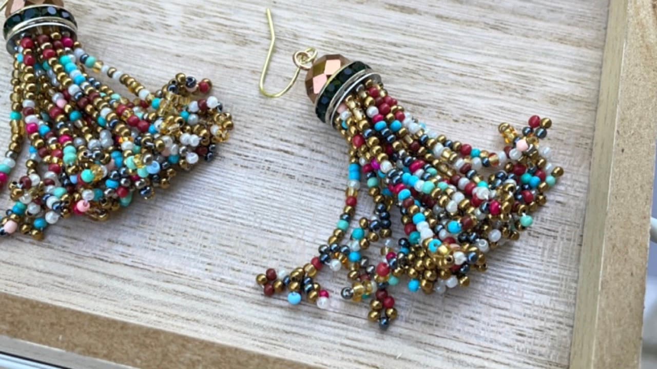 Stunning vintage beadwork tassel dangle earrings