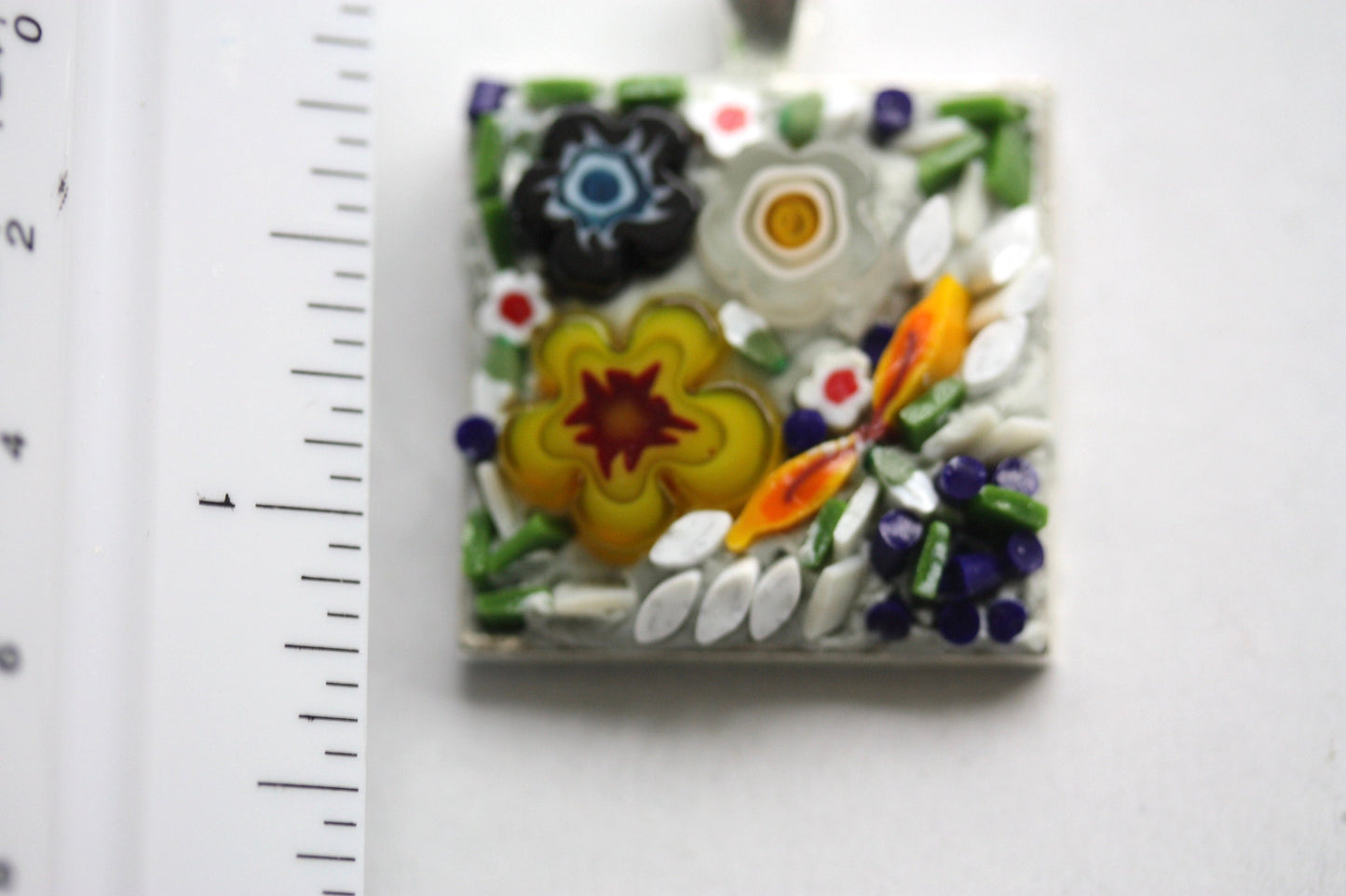 My handmade mosaic necklace - "Flower garden" - hand cut ceramic and glass with millefiori flowers
