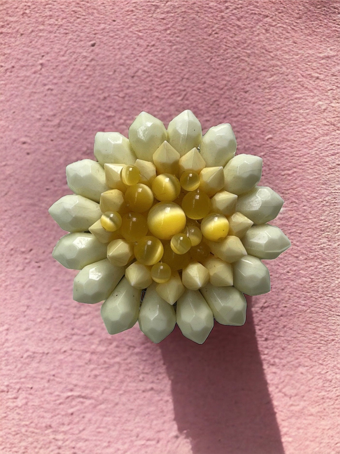 Unique large 2" yellow beaded vintage necklace pendant
