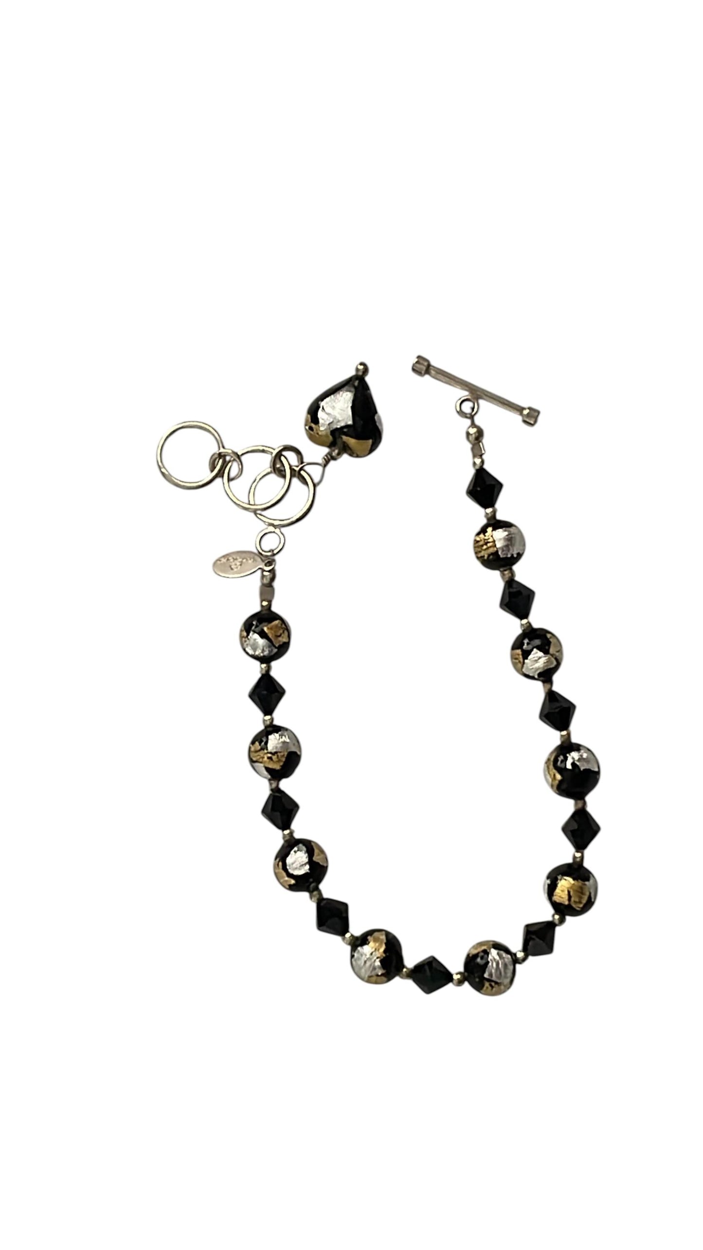 Vintage Lucky Clover brand Murano Glass Bracelet Black Gold Silver Foil Beads, Adjustable 7-8 Inch,m Italian Art Glass Jewelry