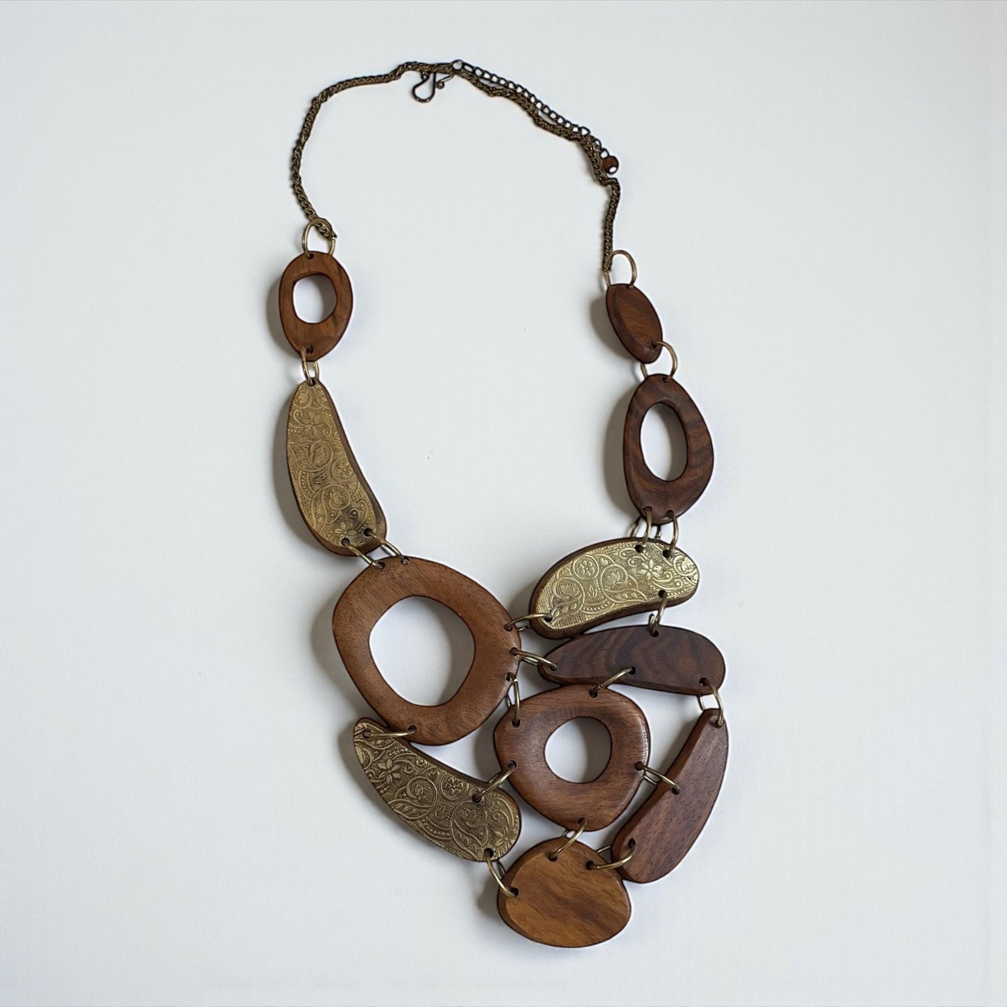 Vintage Wood Statement Necklace | Large Mixed Wood and Brass Tone Links | Boho Artisan Style Necklace | Chunky Wood Jewelry