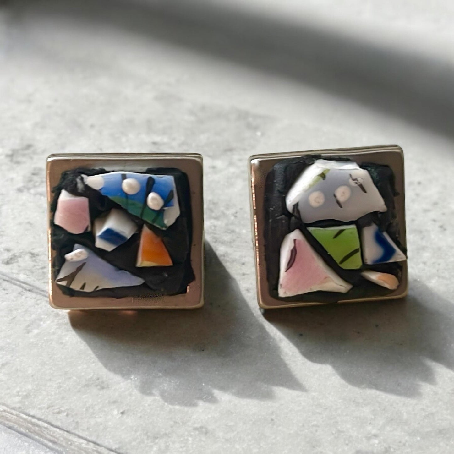 Abstract Mosaic Tile Earrings, Square Studs (Handmade Vintage Glass)