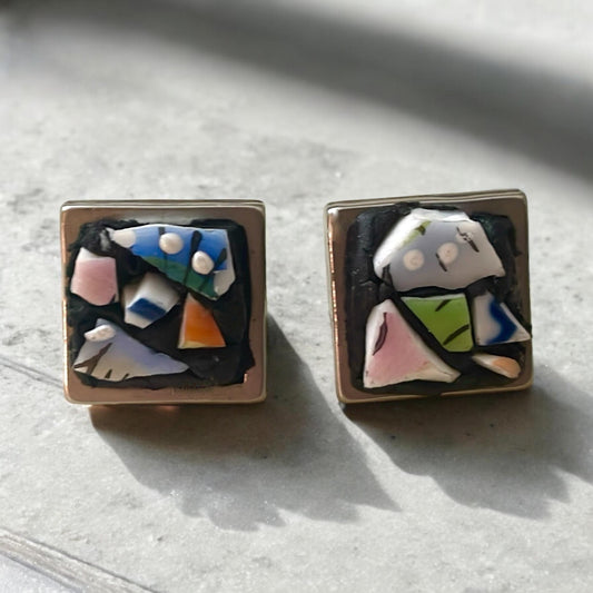 Abstract Mosaic Tile Earrings, Square Studs (Handmade Vintage Glass)