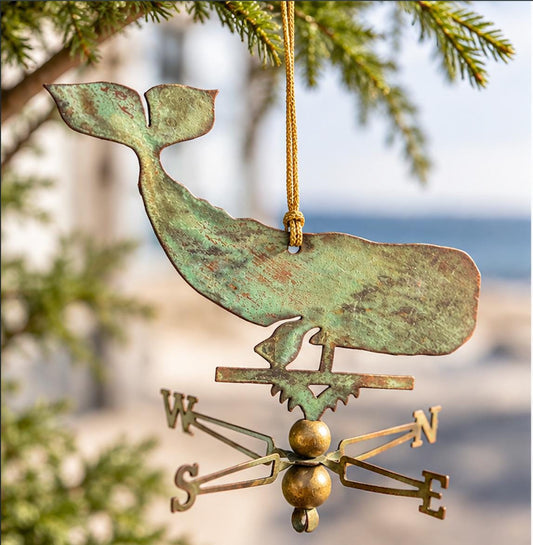 Vintage Whale Weathervane Ornament | Verdigris Copper Nautical Folk Art | Miniature Coastal Hanging Decor