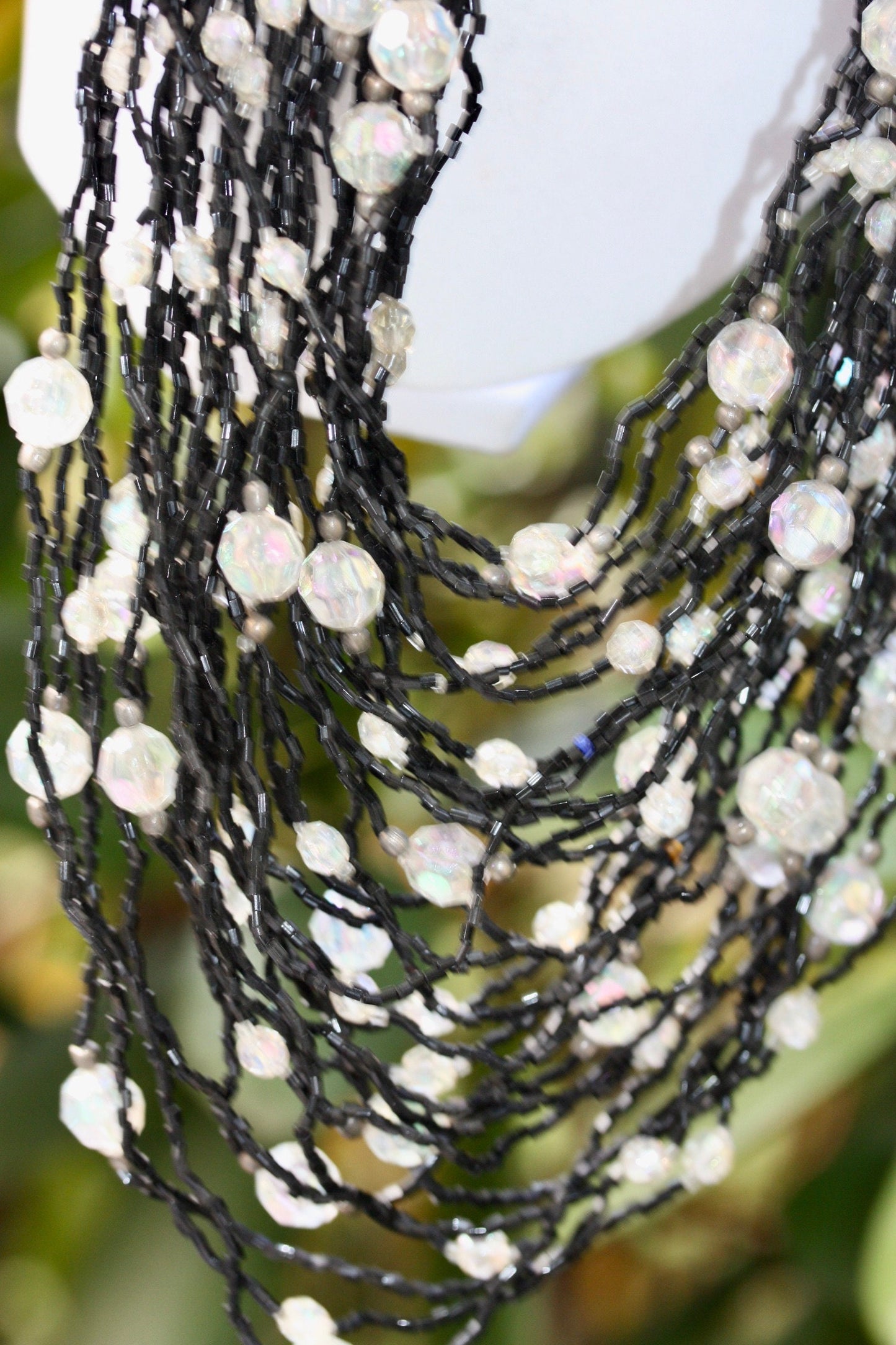Stunning all beaded black and crystal multi strand vintage necklace