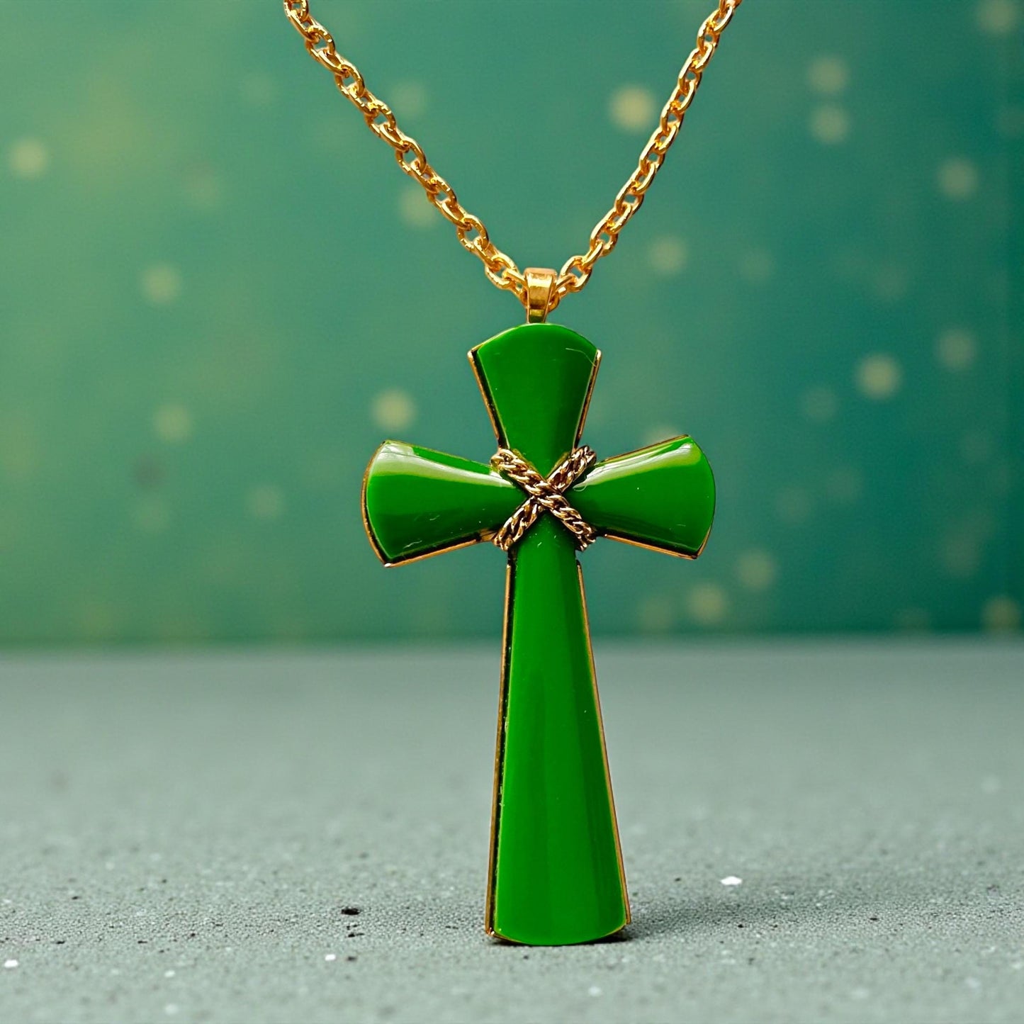 Vintage Avon Green Enamel Cross Pendant Necklace, Gold-Tone Chain, 1980s Avon Jewelry, Religious Statement Necklace