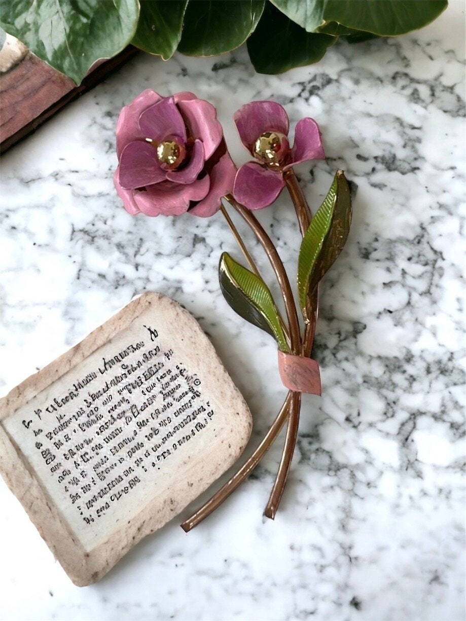 Huge 4" hand painted vintage pink flower pin