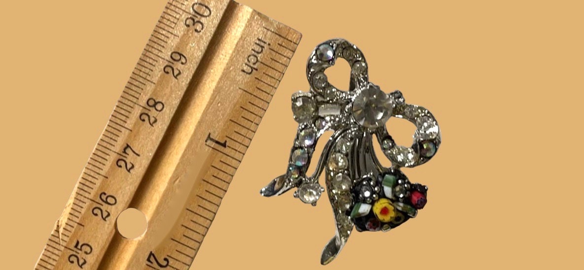 Charming upcycled vintage pin with rhinestones, handcut Italian glass and sweet millefiori flowers and leaves