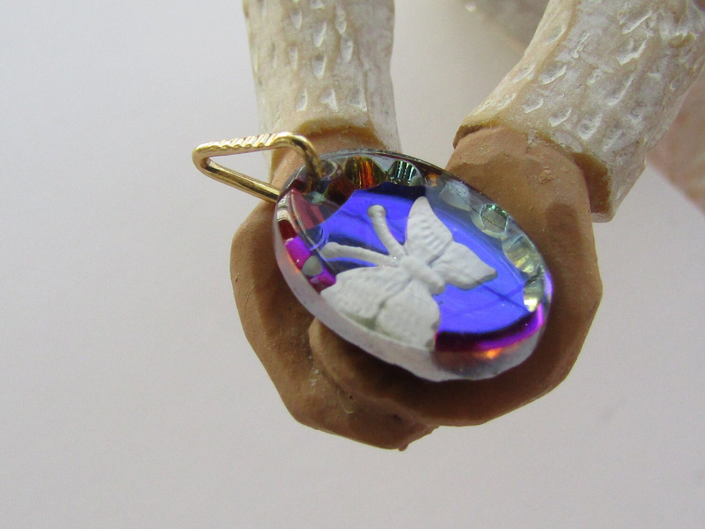 Tiny etched glass butterfly vintage cameo-style necklace pendant/charm