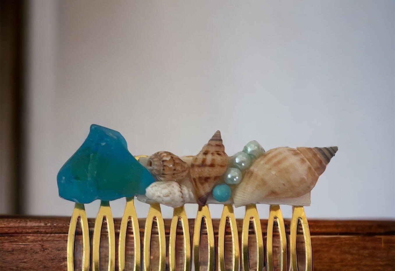 Stunning beach themed hair comb - starfish, stones, shells, faux pearls and blue sea glass on goldtone metal