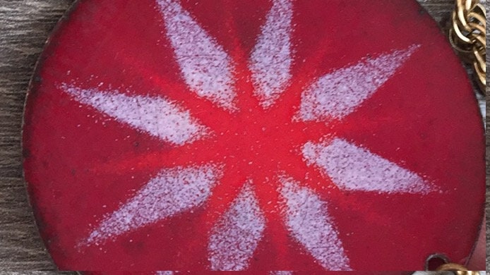 Unique mid century modern vintage enamel on copper necklace - red